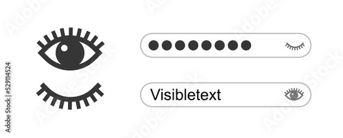 Hide show password eye icon field text vector or hidden invisible and visible preview ui eyeball pictogram logo isolated graphic, private secret and public data symbol, idea of vision sight eyecare