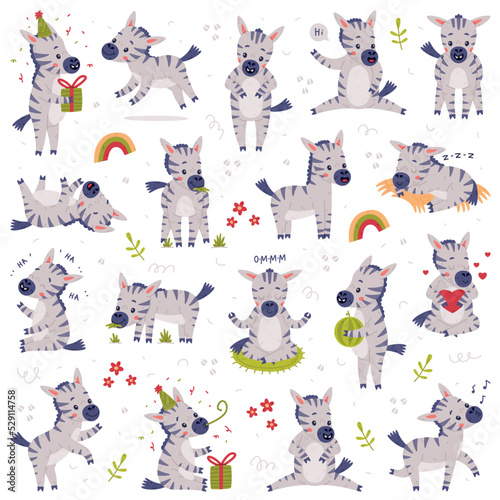 Funny Zebra as African Equine with Black-and-white Striped Coat Doing Different Activity Vector Set