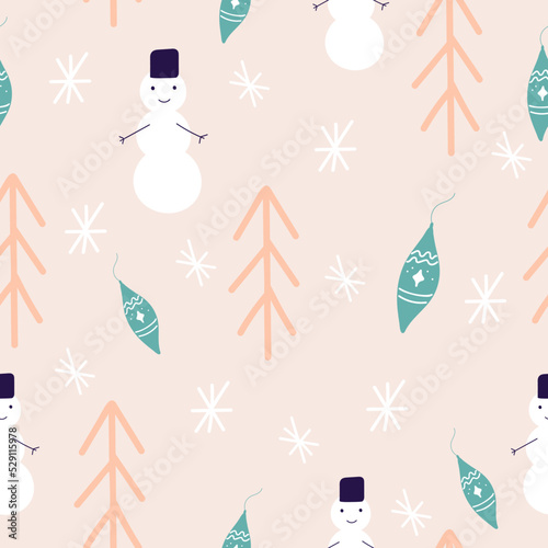 Winter seamless pattern with fir trees, snowman and hand drawn Christmas toy. Surface design for textile, fabric, wallpaper, packaging, gift wrap, paper, scrapbook and packaging.