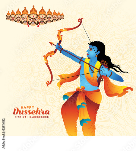 Illustration of lord rama killing ravana in happy dussehra festival card background