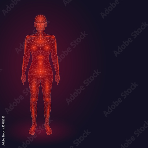 Red glowing female low poly silhouette on a dark background. The concept of danger in cyberspace. Vector template with copy space