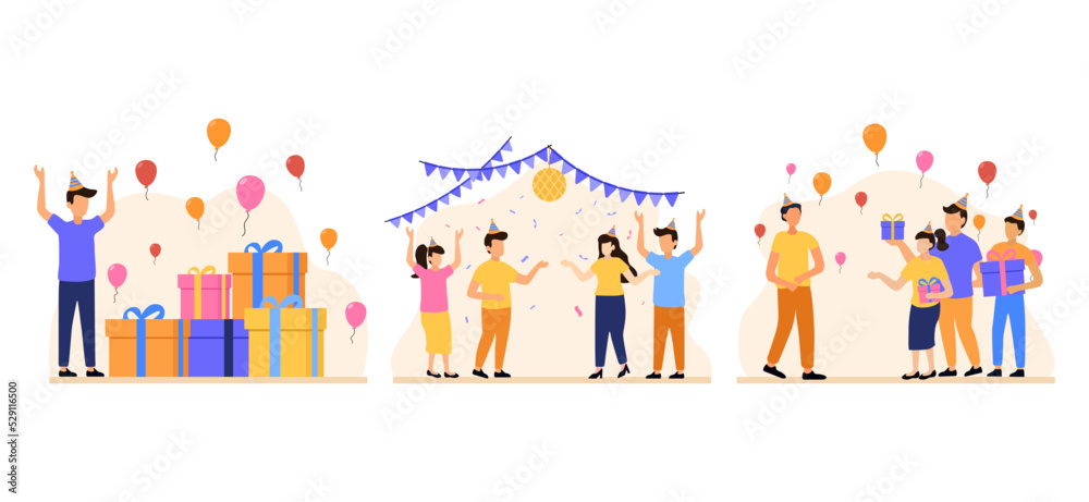 Birthday Party with Friends Scene Flat Bundle Design