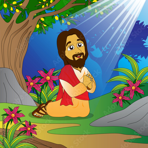 Jesus prays in the garden of Gethsemane, children's Bible illustrations, education, religion, posters, websites, t-shirts, printing and others
