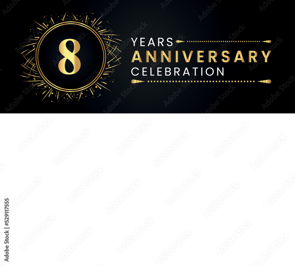 Naklejka premium 8 years anniversary celebration with gold fireworks and circle frames on black background. Premium design for weddings, greetings card, happy birthday, poster, graduation, invitation card, banner.