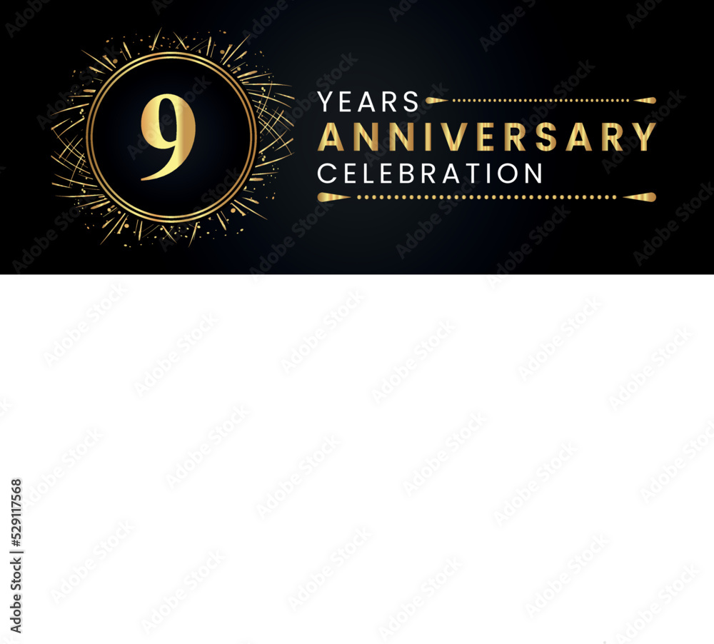 Naklejka premium 9 years anniversary celebration with gold fireworks and circle frames on black background. Premium design for weddings, greetings card, happy birthday, poster, graduation, invitation card, banner.