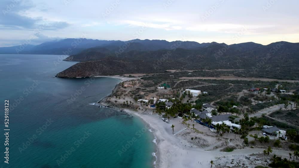 Reverse drone shot of La Ventana beach in Baja California Sur Mexico Reverse drone shot of La Ventana beach in Baja California Sur Mexico