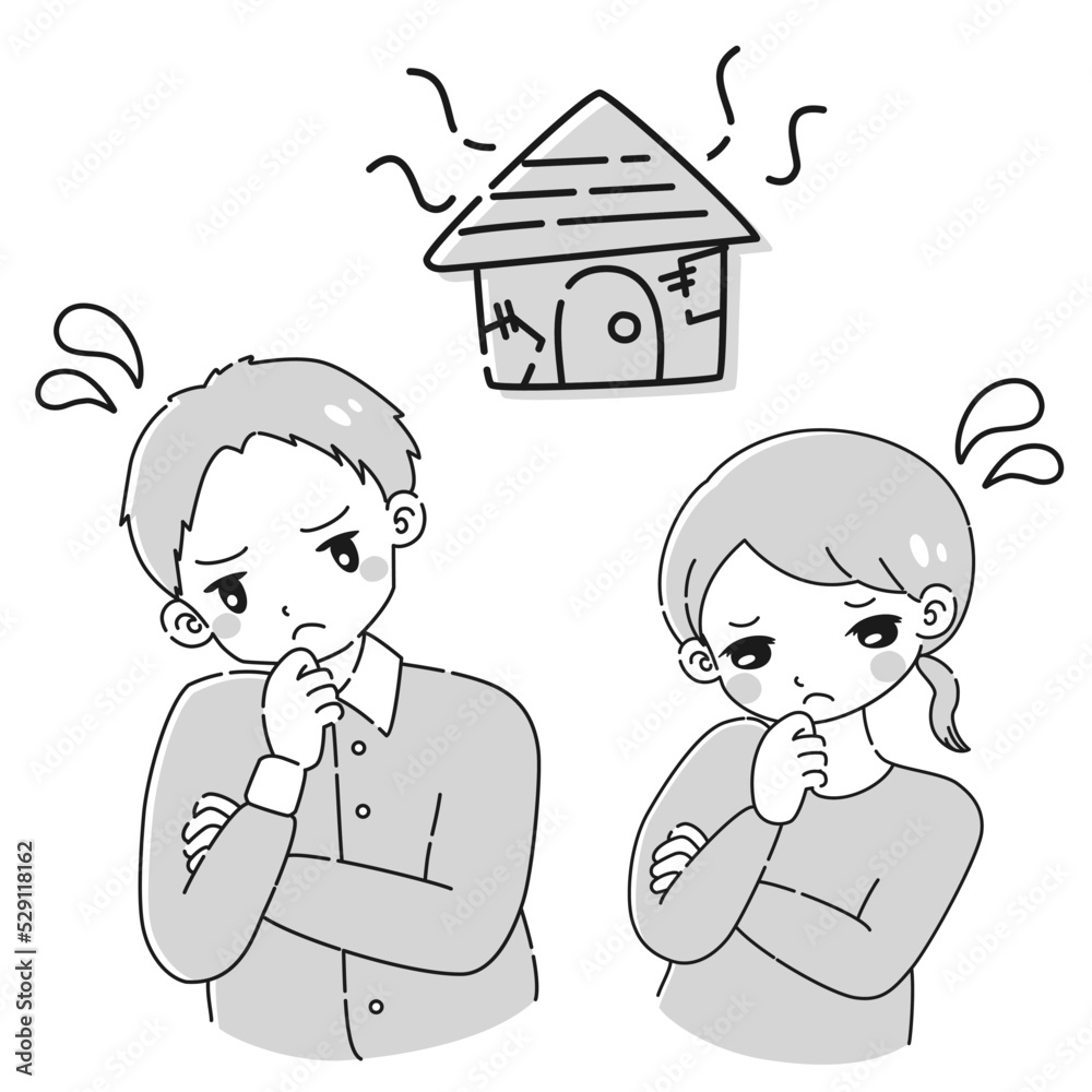 老朽化した家について悩む男性と女性 老朽化した家について悩む男性と女性
