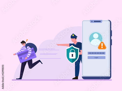 Flat illustration. Hacker identity theft concept. Crime, spam, spyware that unlocks computer security. can access the account code.
