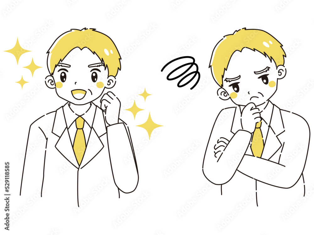 ときめきの表情と困っている表情の白衣のシニア男性　イラストセット