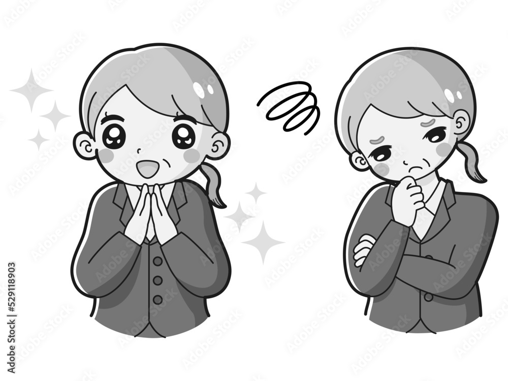 ときめきの表情と困っている表情のスーツを着たシニア女性　イラストセット