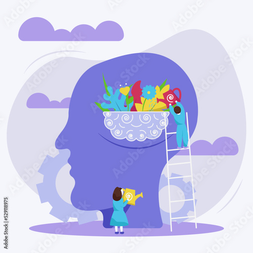 Mental health concept vector illustration. Tiny man watering flowers inside person’s head. For psychology, genius, growth, development, intelligence concept