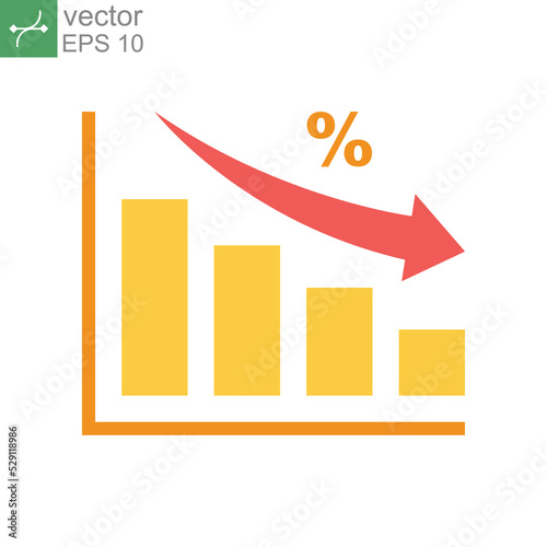 Flat Design Style Tax percentage revenue decrease icon. decrease profit investment, chart of degenerate financial marketing target. reduction data Vector illustration design on white background EPS 10