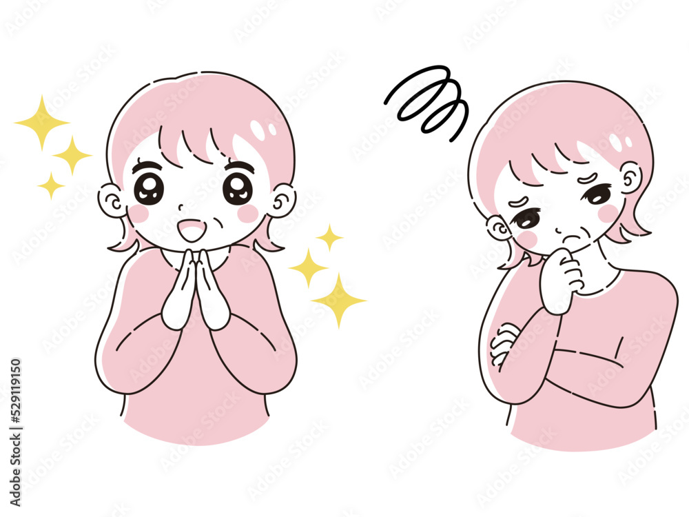 ときめきの表情と困っている表情のシニア女性 イラストセット ときめきの表情と困っている表情のシニア女性 イラストセット