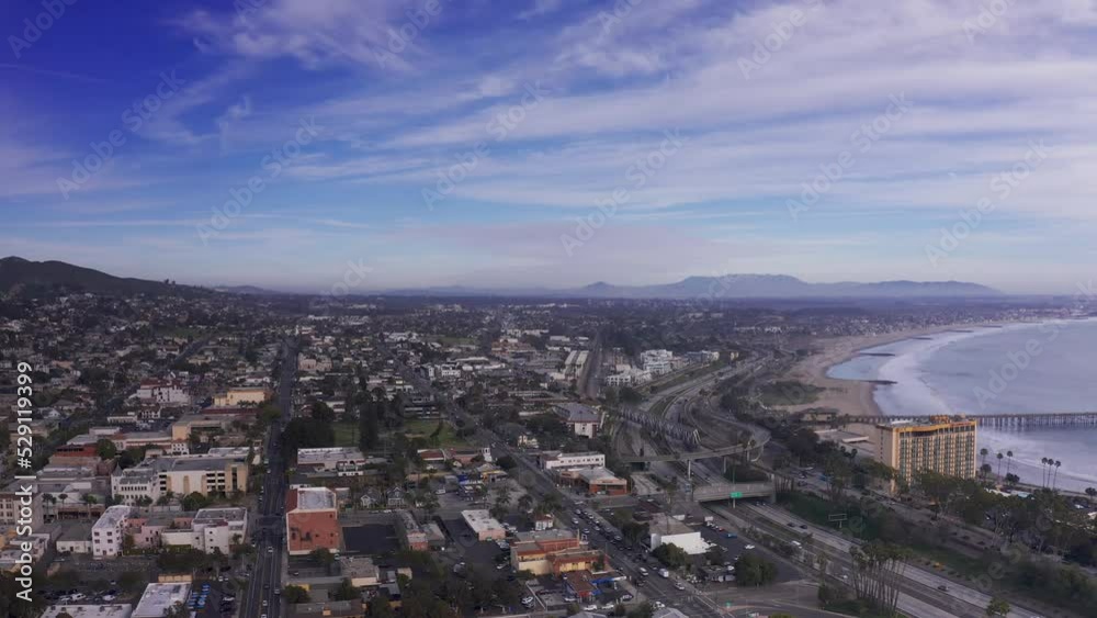 Dolly panning aerial shot of downtown Ventura, California along the coast. 4K Dolly panning aerial shot of downtown Ventura, California along the coast. 4K