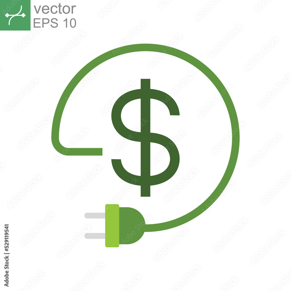 Flat Design Style Eco energy cost save money icon. Energy reduction cost Dollar Power Efficiency. Adapter cable charger dollar for green economy. vector illustration design on white background EPS 10 Flat Design Style Eco energy cost save money icon. Energy reduction cost Dollar Power Efficiency. Adapter cable charger dollar for green economy. vector illustration design on white background EPS 10