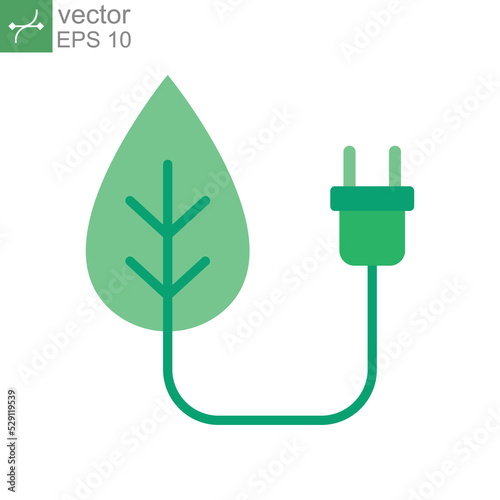 Flat Design Style Green plug energy icon. Green electricity eco power consumption. Plug and leaf for save energy technology. Ecology charging logo Vector illustration design on white background EPS 10