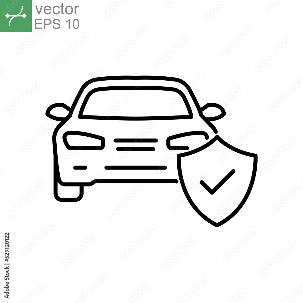 Car protection emblem line icon. Car insurance business service,  Shield protection logo of transportation vehicle care symbol. Vector illustration design on white background. EPS 10