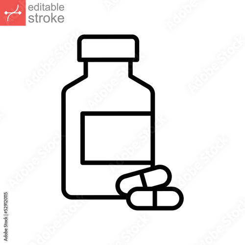 Medicine bottle and two capsules line and solid icon. Pain killer, vitamin pharmacy logo. Multivitamin capsule dose pictogram for healthcare. Vector illustration design on white background. EPS 10