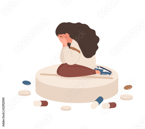 Sad woman sitting on big pill. Mental disorders concept. Antidepressants, vitamins and hormonal medications. Depressed teenager needs medical care. Vector illustration in flat cartoon style.