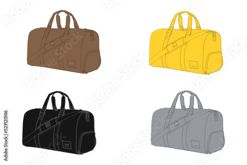 duffle bag with removable shoulder strap, sports gym bag, foldable weekend bag, spare bag, vector illustration sketch template isolated on white background.