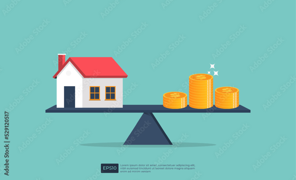 House and coin equilibrium on seesaw. Real estate business mortgage investment and financial loan concept. real estate property vector illustration - obrazy, fototapety, plakaty 