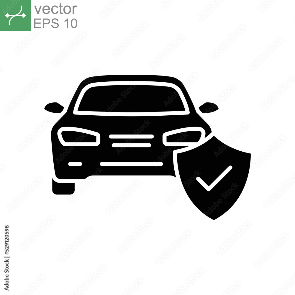 Obraz premium Car protection emblem solid icon. Car insurance business service, Shield protection logo of transportation vehicle care symbol. Vector illustration design on white background. EPS 10