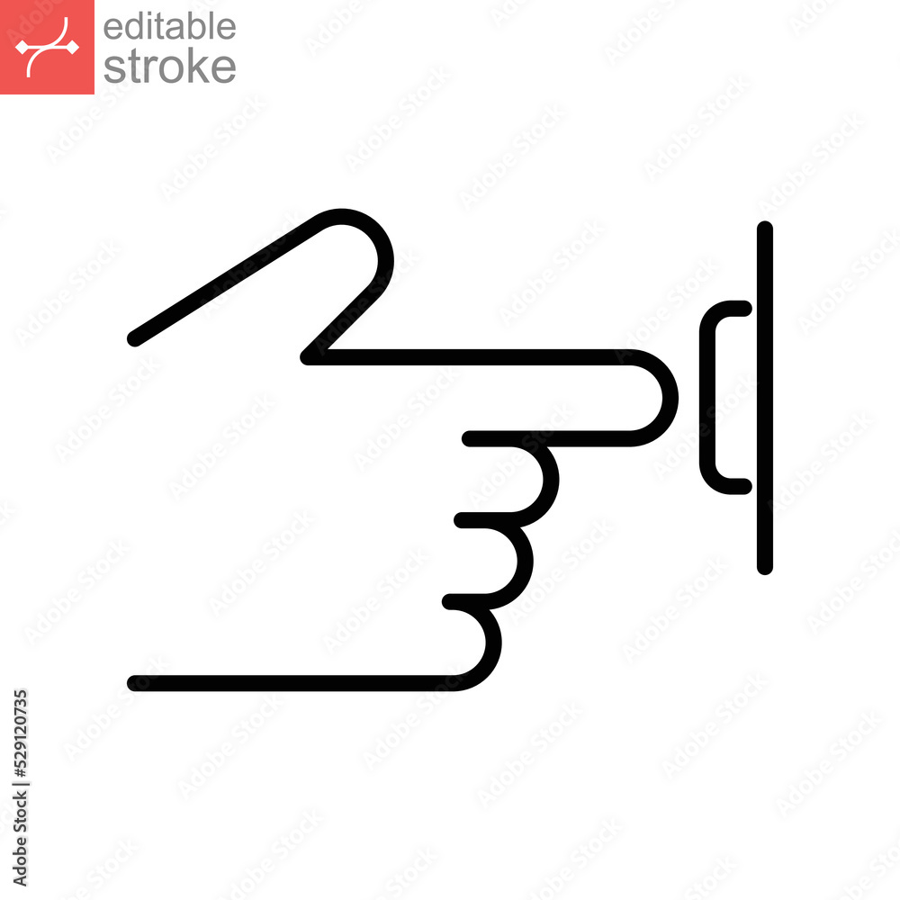 Ring door bell line con. finger pressing or Hand push bell button. Notification Alarm logo. Hand pressed ring alert. Editable stroke vector illustration design on white background. EPS 10 Ring door bell line con. finger pressing or Hand push bell button. Notification Alarm logo. Hand pressed ring alert. Editable stroke vector illustration design on white background. EPS 10