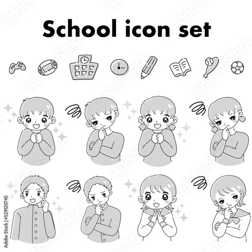 子どもたち（学生・幼児）と学校にまつわる物のイラストセット