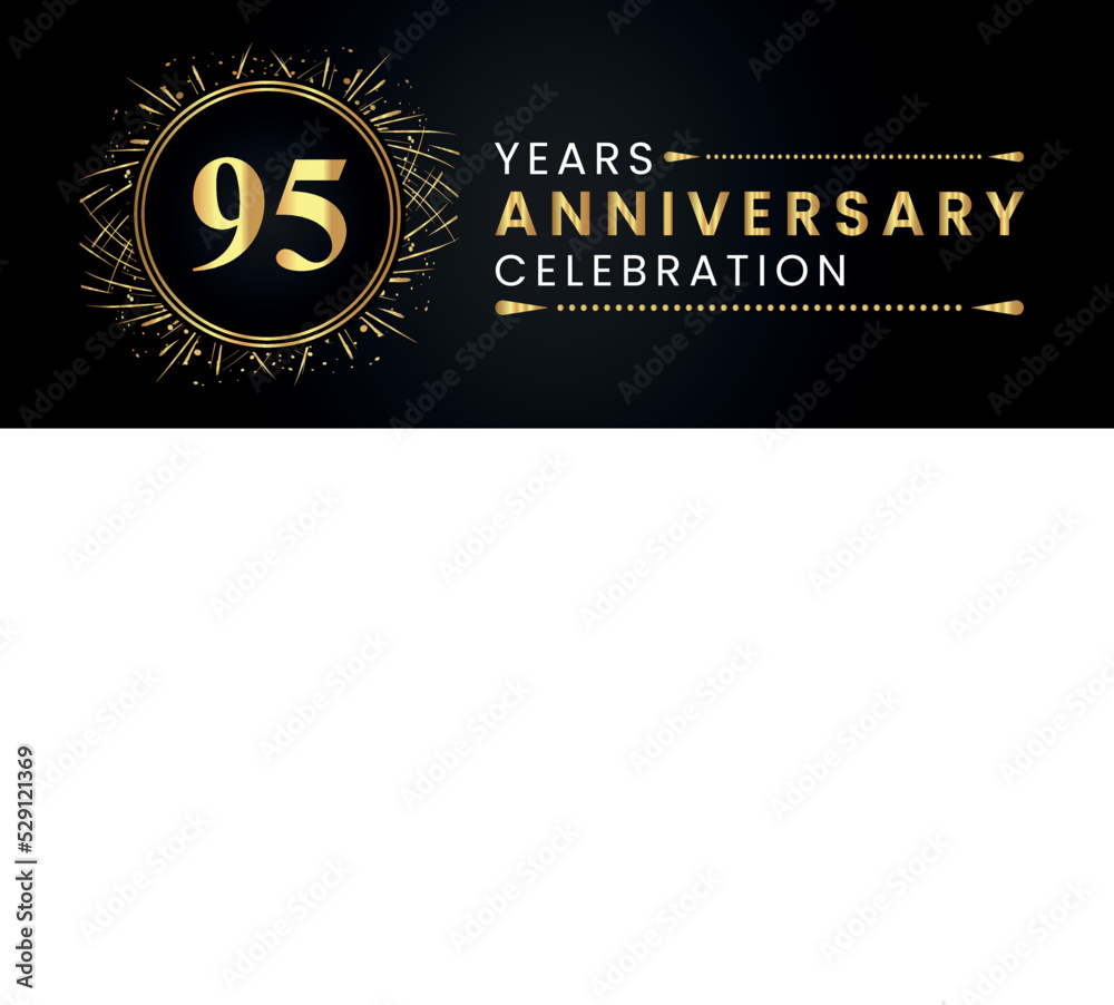 Fototapeta premium 95 years anniversary celebration with gold fireworks and circle frames on black background. Premium design for weddings, greetings card, happy birthday, poster, graduation, invitation card, banner.