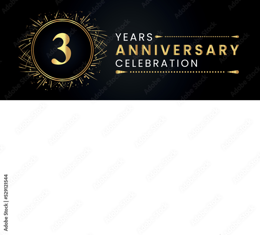 Fototapeta premium 3 years anniversary celebration with gold fireworks and circle frames on black background. Premium design for weddings, greetings card, happy birthday, poster, graduation, invitation card, banner.