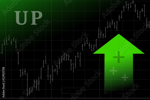 vector graphic with stock market graph representing upward trend with green colors and ascending graph on black background