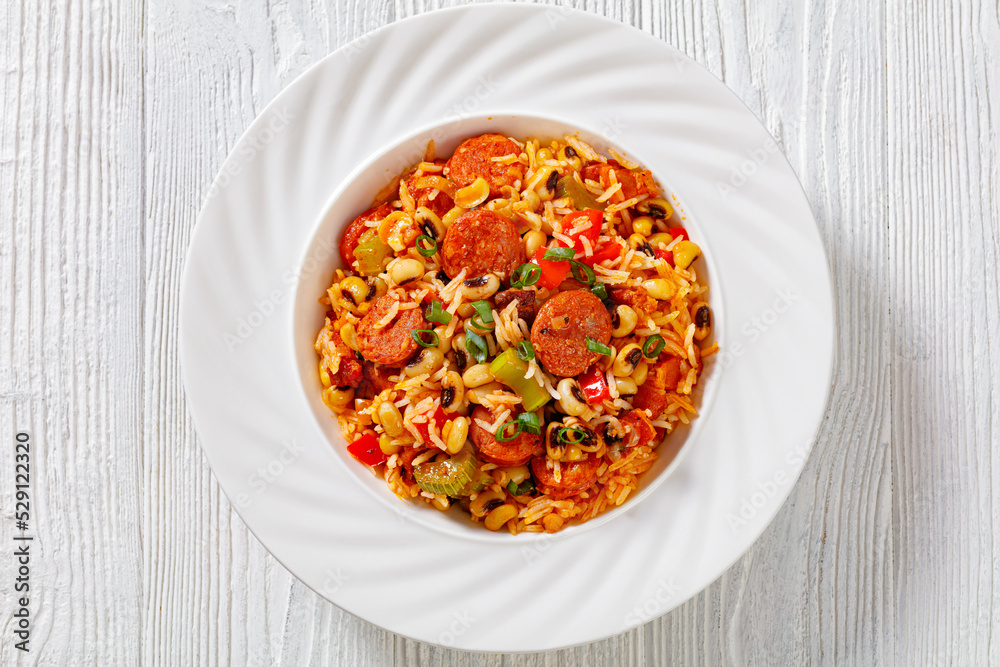 Hoppin John with rice in white bowl, top view Hoppin John with rice in white bowl, top view