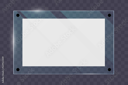 Vector plastic and acrylic glass mockup with glow light reflection on the edge of frame. Window, screen or plate  with shiny glare effect on a transparent dark blue background.