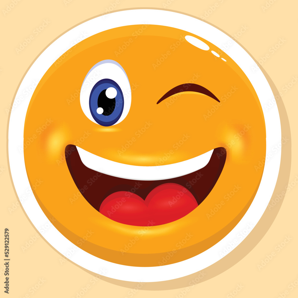 Fototapeta premium Sticker Style Winking Eye Cartoon Circle Face Emoji Yellow Background.
