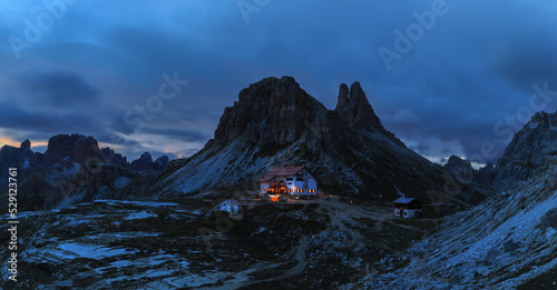 Monte Paterno and mountain hut in blue hours, Dolomites, South Tyrol, Italy