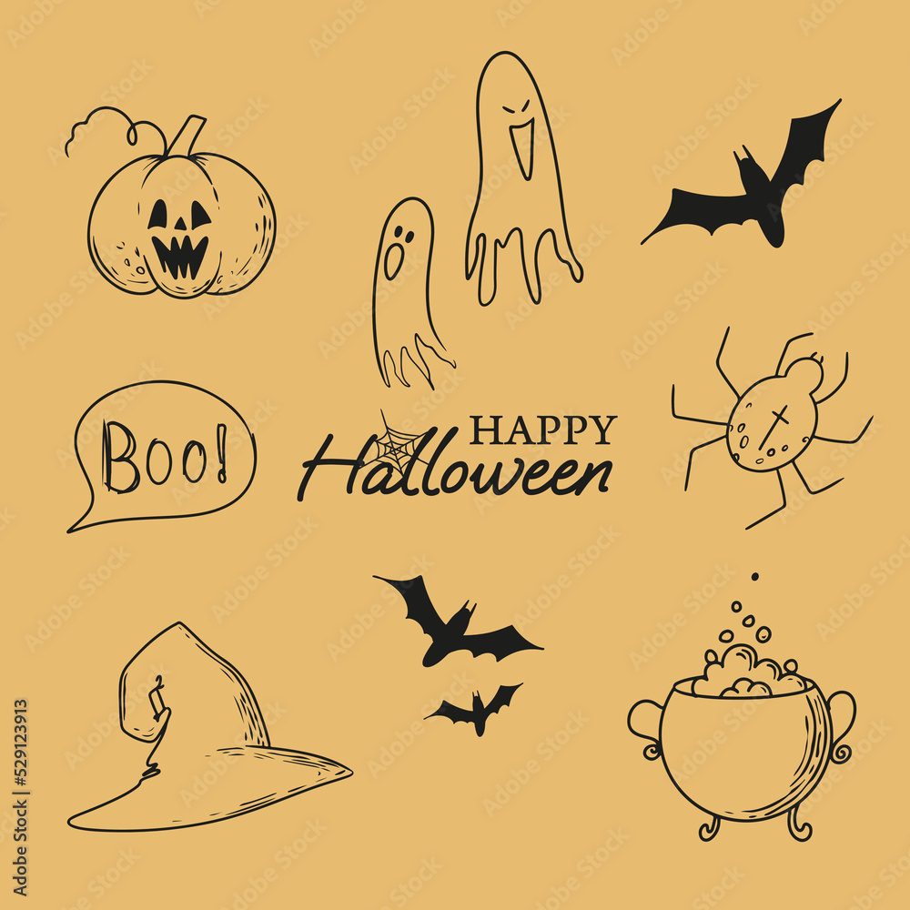 text happy halloween witch cauldron and hat ghost bats poisonous spider