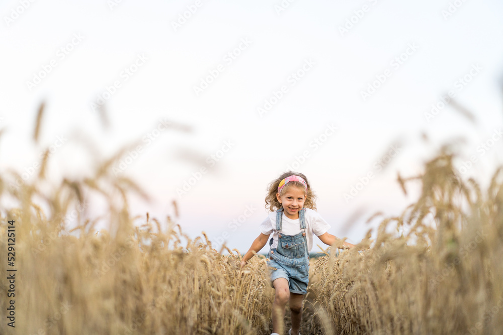 a little blonde curly girl running in a wheat field, the concept of human freedom a little blonde curly girl running in a wheat field, the concept of human freedom