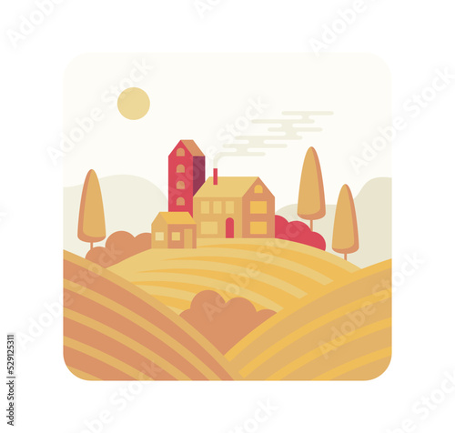 Farm among the fields, vector cartoon illustration in flat stile