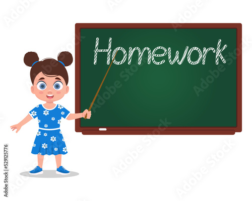 Cute girl at the blackboard with the inscription Homework. Vector illustration