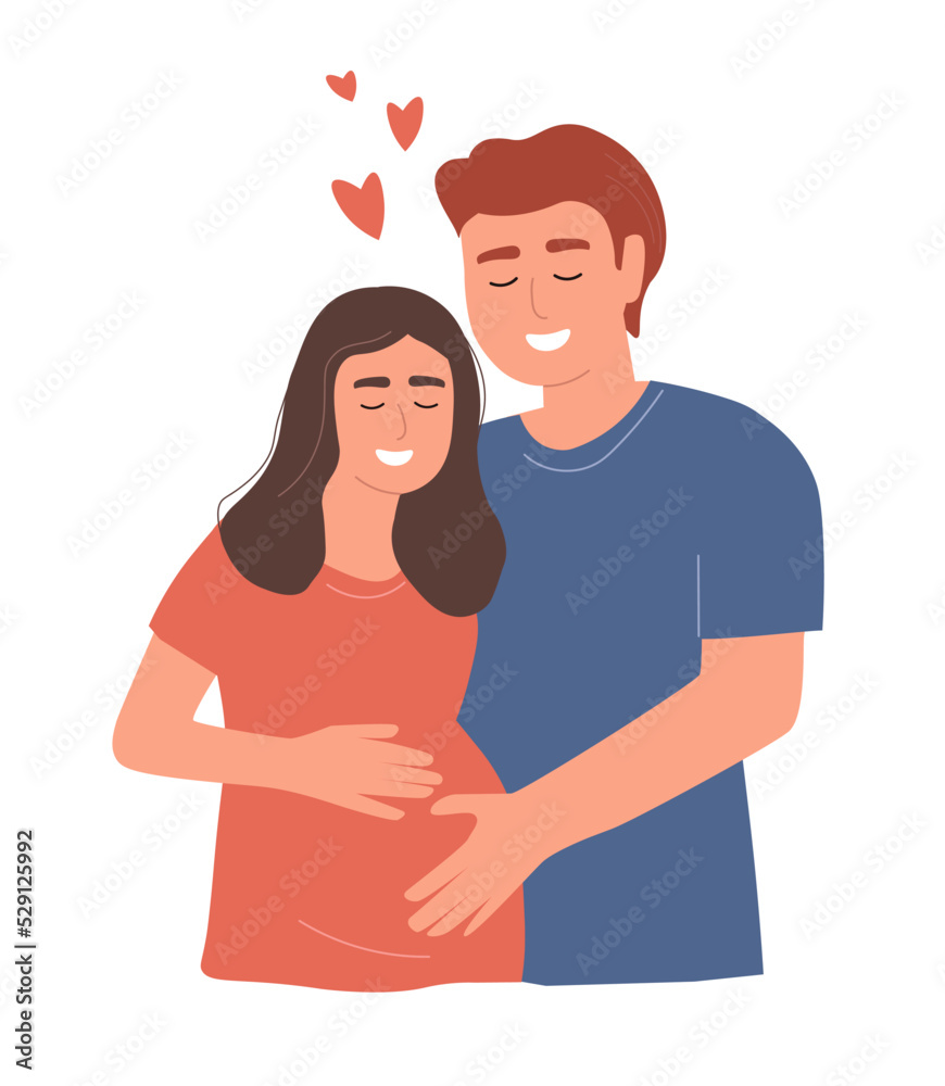 A couple of happy future parents. A pregnant woman is expecting a baby. Husband and wife hug. Vector graphics.