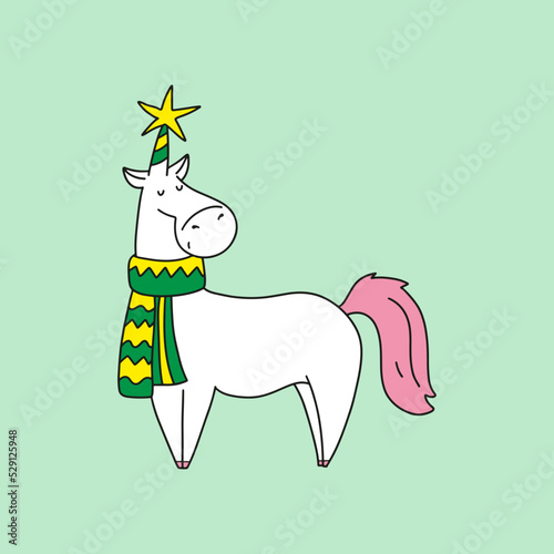 Funny Christmas unicorn illustration. Cute unicorn vector illustration. Holiday concept.