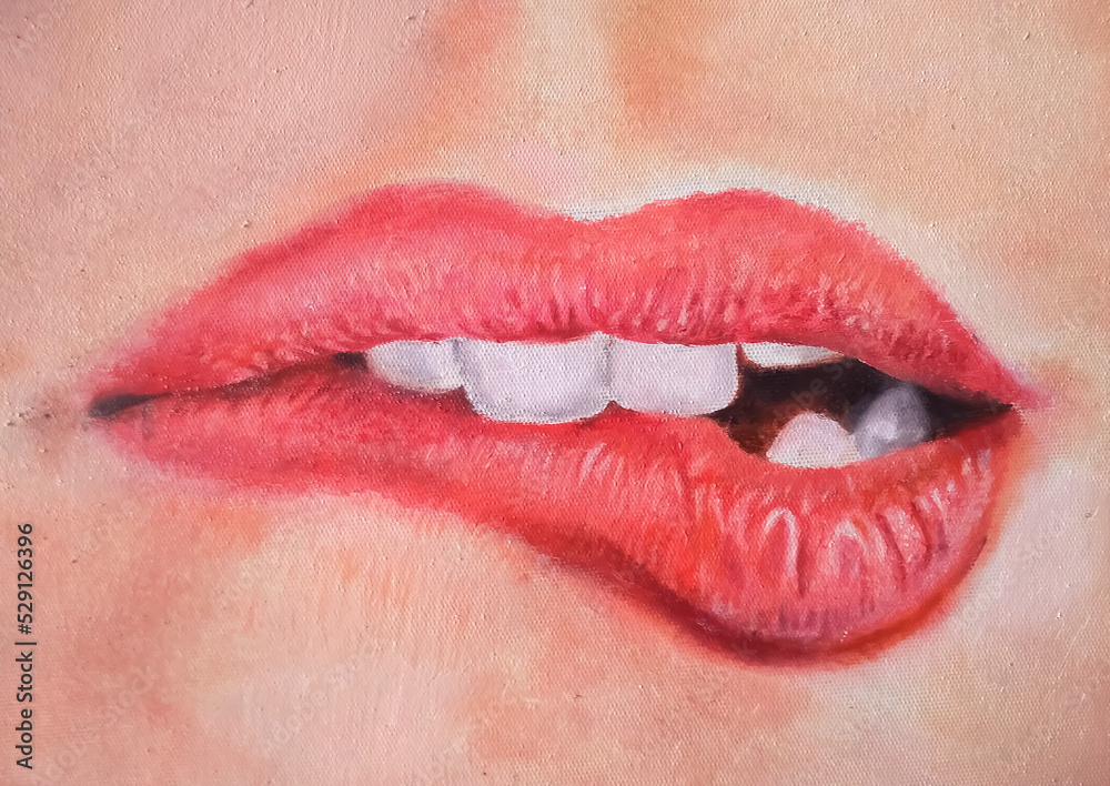Obraz premium close up of lips painting. Oil painting, fashion, beauty