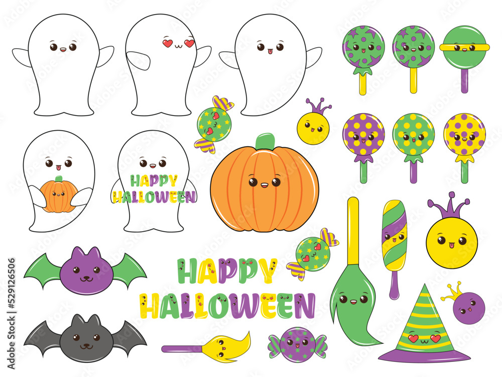 Halloween kawaii clipart and sticker collection. Cute Kawaii Halloween Character set. Halloween character set in cartoon comic style. Vector set of Cute Kawaii Halloween Character.