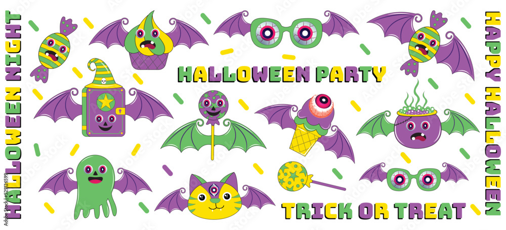 Obraz premium Halloween characters sticker pack. Halloween character set in cartoon comic style and halloween set of patches for design. Vintage Halloween character design.