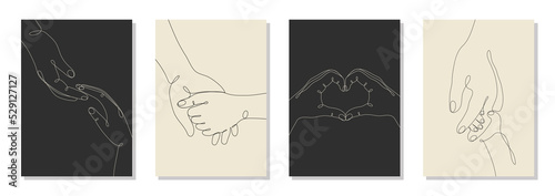 Single line drawn hand gestures set,  minimalistic human hands showing love, heart, romantic, relationship sign, barely touching, family, kids hand. Dynamic continuous one line graphic vector posters