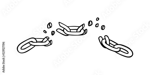 Broken chain with shatters as symbol of weakness and failure. Sketch of metal chains. Vector illustration isolated in white background