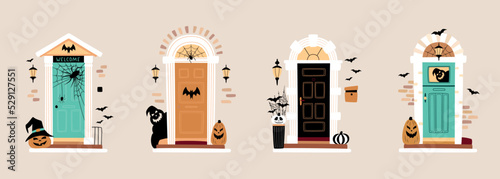 Set of entrance door decorated for Halloween. Carved pumpkins, bats, spiderweb and ghost silhouette near front doors. Vector illustration
