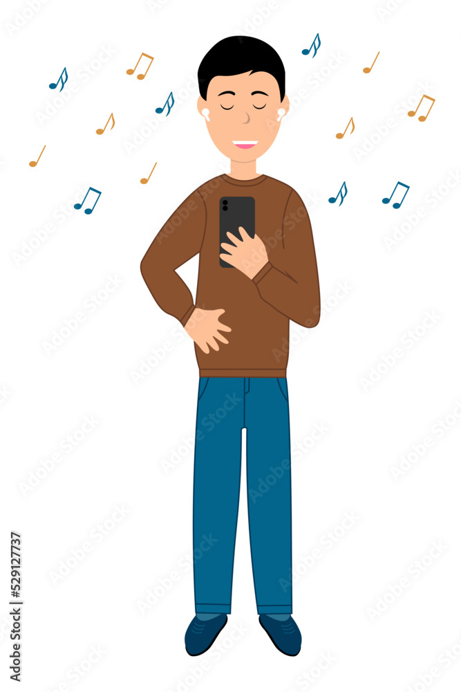 Happy smiling trendy guy in wireless headphones holds a smartphone in his hand and other hand on his belt and listens to music with pleasure. Male character design illustration. Modern lifestyle Happy smiling trendy guy in wireless headphones holds a smartphone in his hand and other hand on his belt and listens to music with pleasure. Male character design illustration. Modern lifestyle