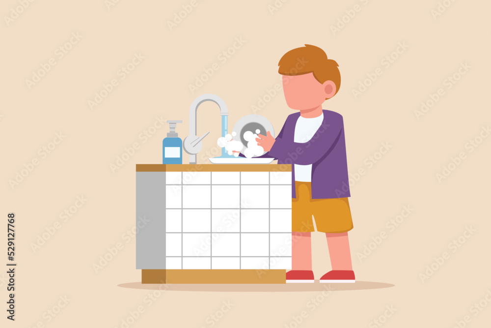 Happy little boy washing dish at home. Concept of helping parents at home. Flat vector illustrations isolated.