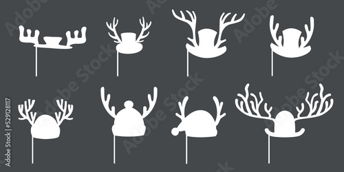 Christmas Santa hats with antlers set for photo prop box. Vector stock outline illustration isolated on black background for photo booth winter holiday industry. 